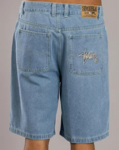 S-Double Embroidered Denim Shorts Mid Blue Hot