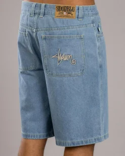S-Double Embroidered Denim Shorts Mid Blue Hot