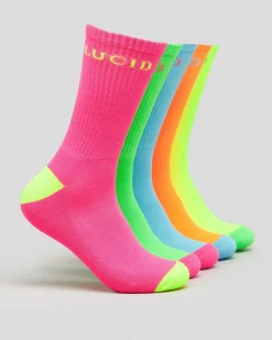 Lucid Fluro Crew Socks 5 Pack Multi Clearance