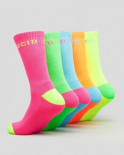 Lucid Fluro Crew Socks 5 Pack Multi Clearance