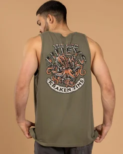 The Mad Hueys Kraken Port Hole Singlet Tank Olive Discount