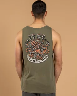 The Mad Hueys Kraken Port Hole Singlet Tank Olive Discount