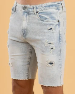 Lucid Torn Denim Walk Shorts Light Blue Denim Discount