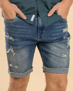 Lucid Torn Denim Walk Shorts Mid Blue Hot