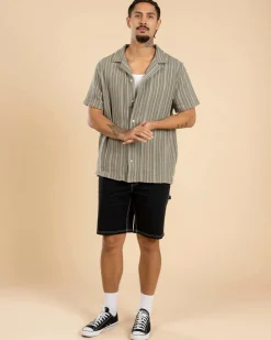 RVCA Vacancy Stripe Short Sleeve Shirt Light Olive Discount