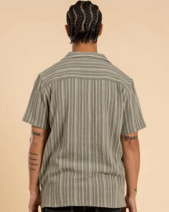 RVCA Vacancy Stripe Short Sleeve Shirt Light Olive Discount