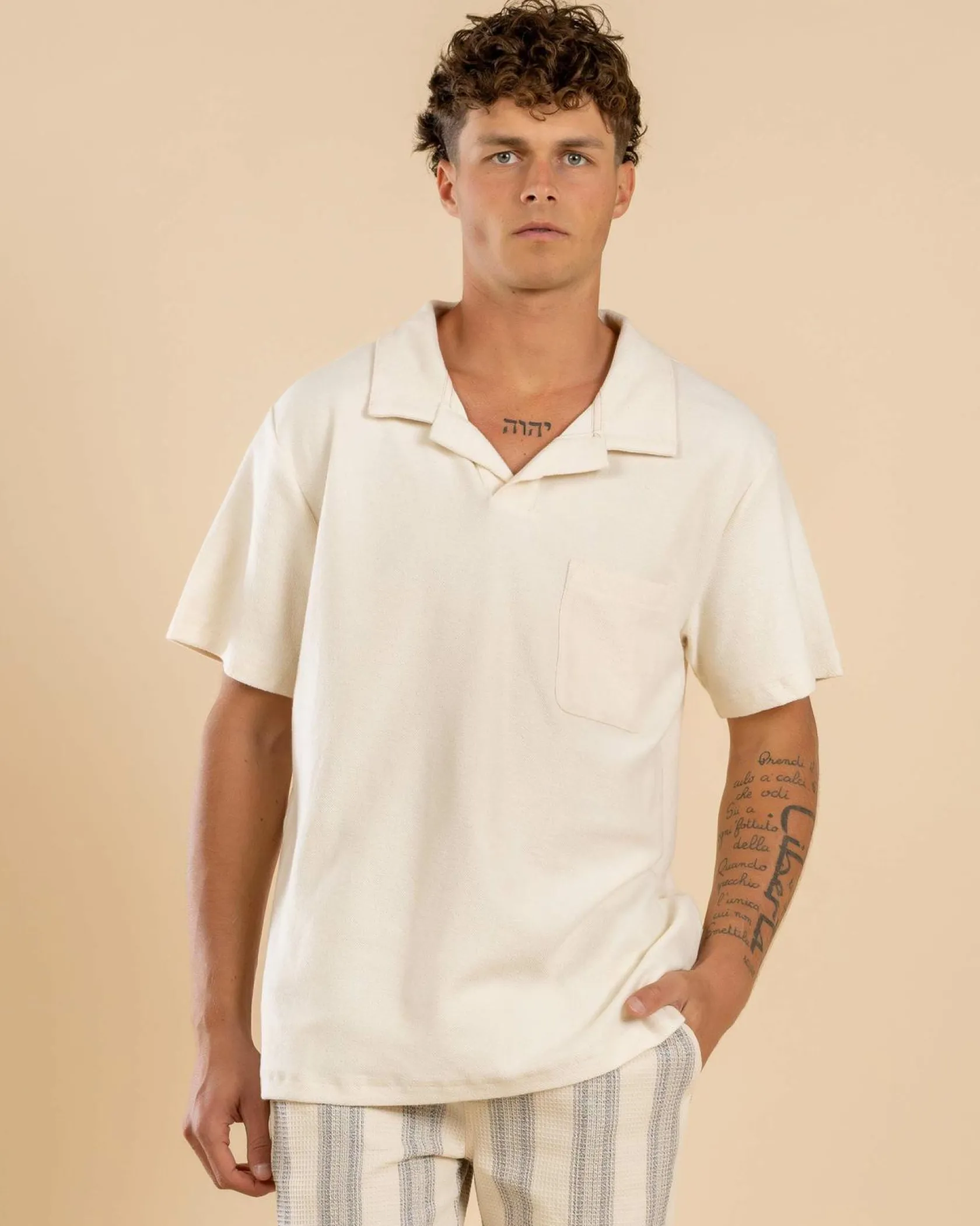Rhythm Vintage Terry Polo Shirt Natural Clearance