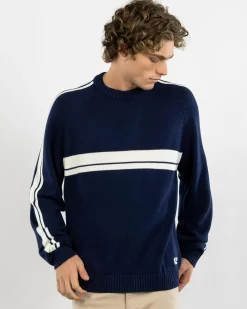 Rusty White Lines 2.0 Knitted Crew Jumper Navy Blue Discount